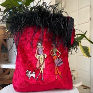 Vintage Red Velvet Feathered Bag Tote Dog Lady NEW Unique RARE